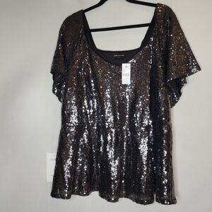 NWT Lane Bryant Gunmetal Sequin Shirt Flutter-Sleeve Peplum Stretch Top 22 3X
